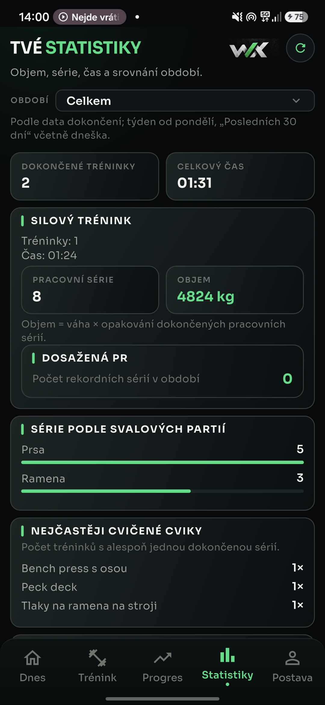 WOOTREX: statistiky tréninkového objemu, sérií a osobních rekordů